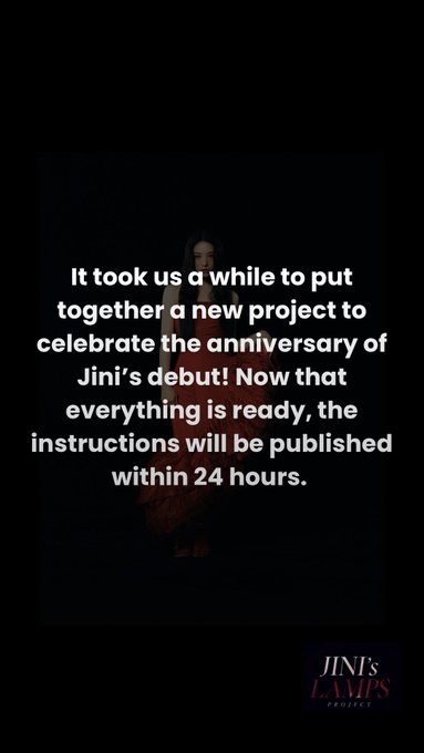 An announcement from JINI's LAMPS PROJECT celebrating Jini's debut anniversary, with text stating that instructions for a new project will be published within 24 hours.