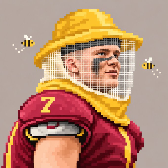 A pixel art style illustration of a man wearing a yellow beekeeper hat and a red jersey with the number 7, with pixelated bees flying around.