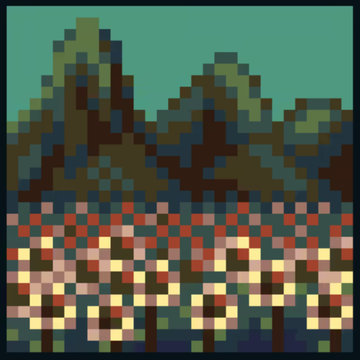 A pixel art image displaying an abstract landscape with teal skies, jagged mountains, and a multicolored pixelated ground.