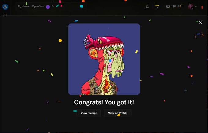 A celebration screen on OpenSea displays a "Congrats! You got it!" message with a Mutant Ape NFT, confirming the user's first MAYC purchase of Mutant Ape #25562, shown as a red-skinned ape with green dripping features against a purple background amid festive confetti.