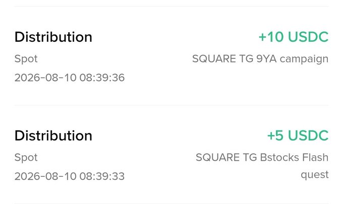 A digital wallet interface showing two 'Distribution' transactions of +10 USDC and +5 USDC in Spot accounts, labeled 'SQUARE TG 9YA campaign' and 'SQUARE TG Bstocks Flash quest' on 2026-08-10.