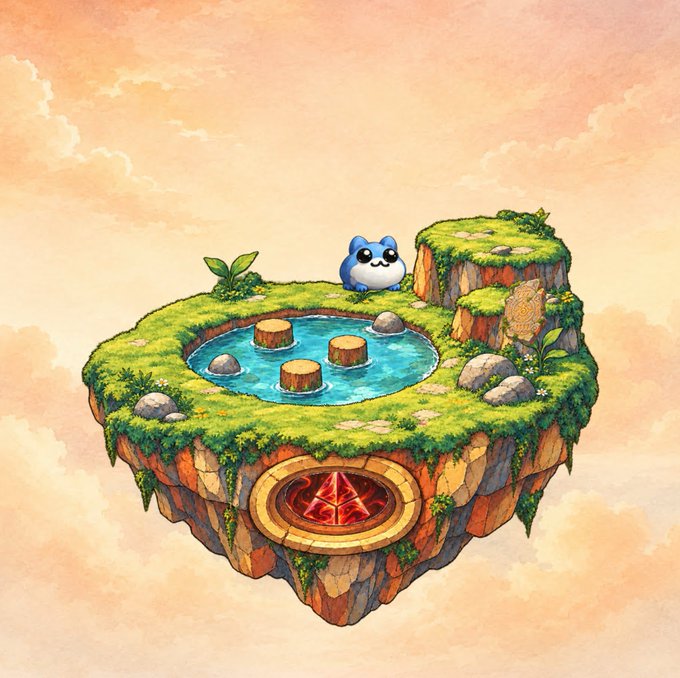 A digital illustration depicts a floating, grassy island with a small blue creature, a pond, and a glowing red symbol on its underside.