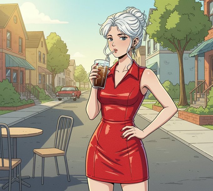 A stylish woman with silver hair in a bun, wearing a glossy red dress, sips a drink through a straw on a charming street lined with houses and trees, with an empty café table and chair beside her—capturing a relaxed, confident "Good Morning" vibe that complements the cheerful "Gm Ct Happy Friday" post.