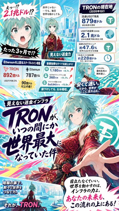 A promotional Japanese infographic features the vocaloid character Hatsune Miku in a red floral dress against a Tron-styled cityscape, explaining how TRON became the world's largest invisible payment infrastructure by handling 2.1 trillion USDT transfers with 879 billion USD in USDT remaining and a 6s&94 transaction fee, outperforming Ethereum's 787 billion and TRON's 892 billion USDT volume at a fraction of the cost, as noted in the caption by ChibikuroTV highlighting TRON's quiet rise to dominance.