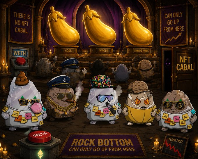A satirical NFT "cabaret" scene depicts a stone-faced congregation of Rock Bottom DAO members in sunglasses and gold chains, covered in "SELL" sticky notes, gathered around a glowing "WETH" altar beneath three massive golden eggs labeled "HODL," "WAGMI," and "DIAMOND HANDS." The image's signs ("THERE IS NO NFT CABAL," "CAN ONLY GO UP FROM HERE," "ROCK BOTTOM CAN ONLY GO UP FROM HERE") mock the project's defiant optimism, matching the post's humor about rising volume, holders, and an unshakeable community despite ongoing sell pressure.