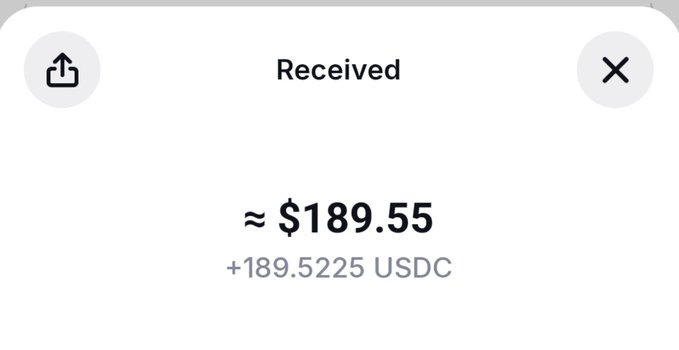 A mobile payment screen showing a received transaction of approximately $189.55 or +189.5225 USDC.