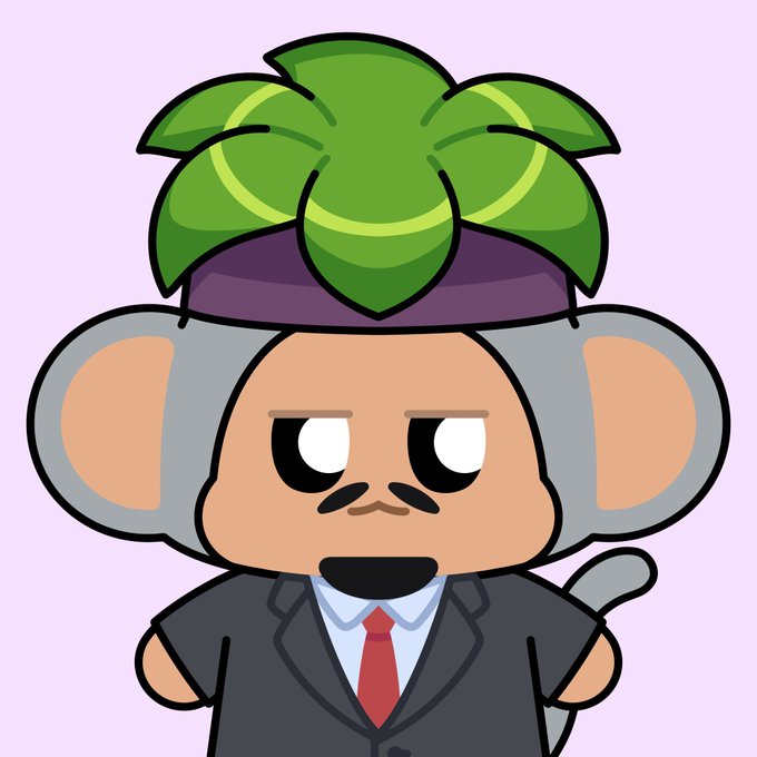 A cartoon illustration of a mouse-like character wearing a gray suit, red tie, and a purple hat with green leaves on top.