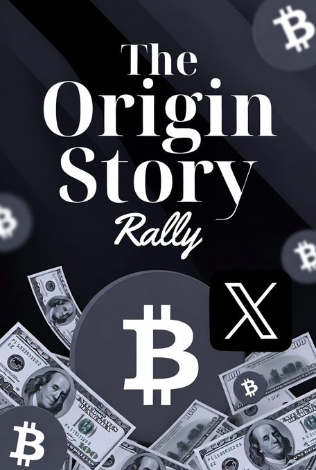 "The Origin Story Rally", a book or article about the origins and history of Bitcoin written by someone who has not yet read the book, with a photo and illustration of Bitcoins scattered around it.