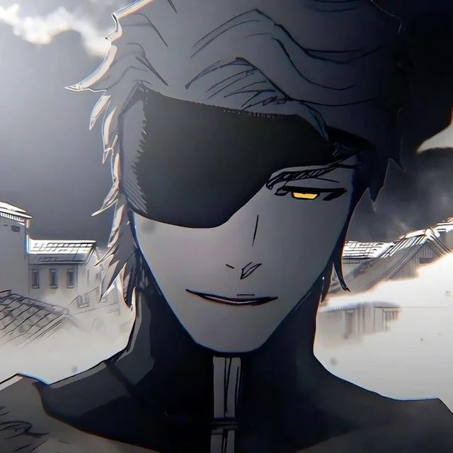 An anime-style illustration of a character with silver hair, an eye patch, and glowing yellow eyes, set against a cloudy, monochromatic landscape.