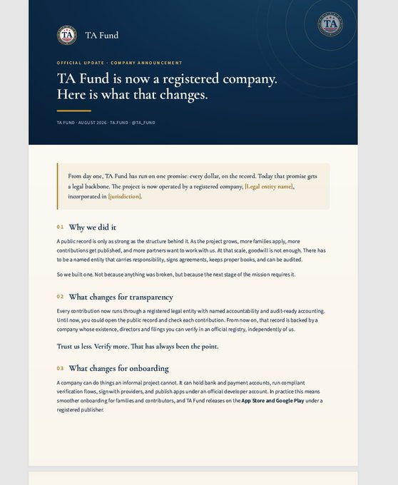 An official company announcement from TA Fund dated August 7, 2026, titled "TA Fund is now a registered company. Here is what that changes," explaining the transition from informal project to registered legal entity for greater accountability and onboarding. The post celebrates this milestone as the official start of a new era for $TA, aligning with the announcement's disclosure of the fund's structural upgrade.