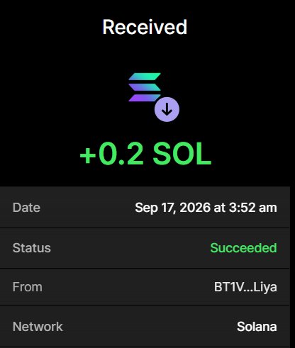 A cryptocurrency transaction confirmation screen showing 'Received +0.2 SOL' with a date of Sep 17, 2026, status 'Succeeded', sent from 'BT1V...Liya' on the Solana network.