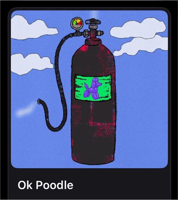A cartoon-style illustration shows a dark gas cylinder tank with a pressure gauge, hose, and valve, featuring a green label with a purple poodle balloon dog design, set against a blue sky with white clouds. Below the image, the text reads "Ok Poodle," playing on the phrase "Have you OK Poodled?" to promote a playful contest or community initiative centered around the poodle-themed branding.