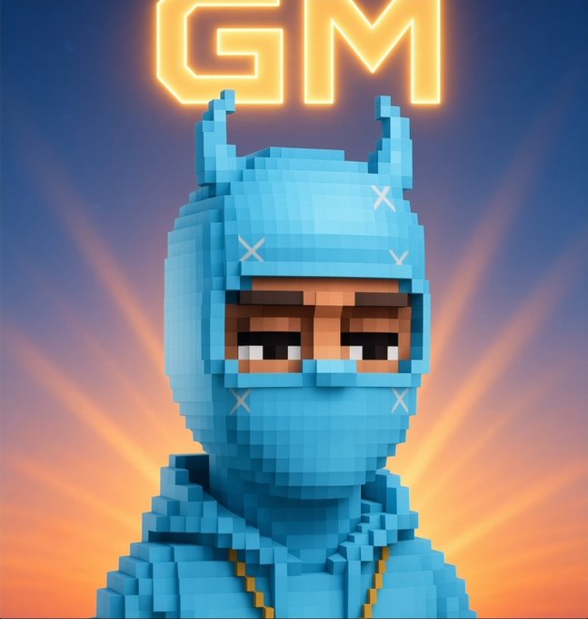 A pixelated character in a blue ninja-style hooded suit with horns stands against a sunset sky backdrop with radiant light rays, beneath a glowing neon "GM" sign, capturing the playful "Good Morning" web3 greeting meme culture referenced by the post.