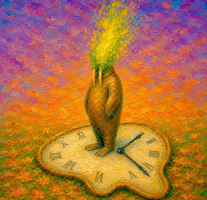A surrealist oil painting depicts a figure with a melting, brown body standing on a distorted clock face with Roman numerals, its head replaced by an explosion of yellow and green against a swirling purple and orange sky.