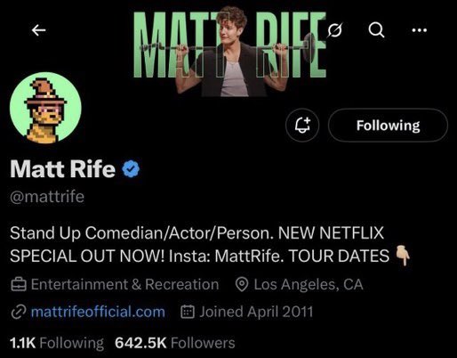 A screenshot of Matt Rife's (@mattrife) X/Twitter profile showing his verified account with 642.5K followers, 1.1K following, and a bio mentioning his Netflix special and Instagram handle. The post references that he bought a wizard NFT for 77,777 Doge one year ago, which now has an 800,000 Doge floor price, hinting that Matt Rife might be the next NFT winner.