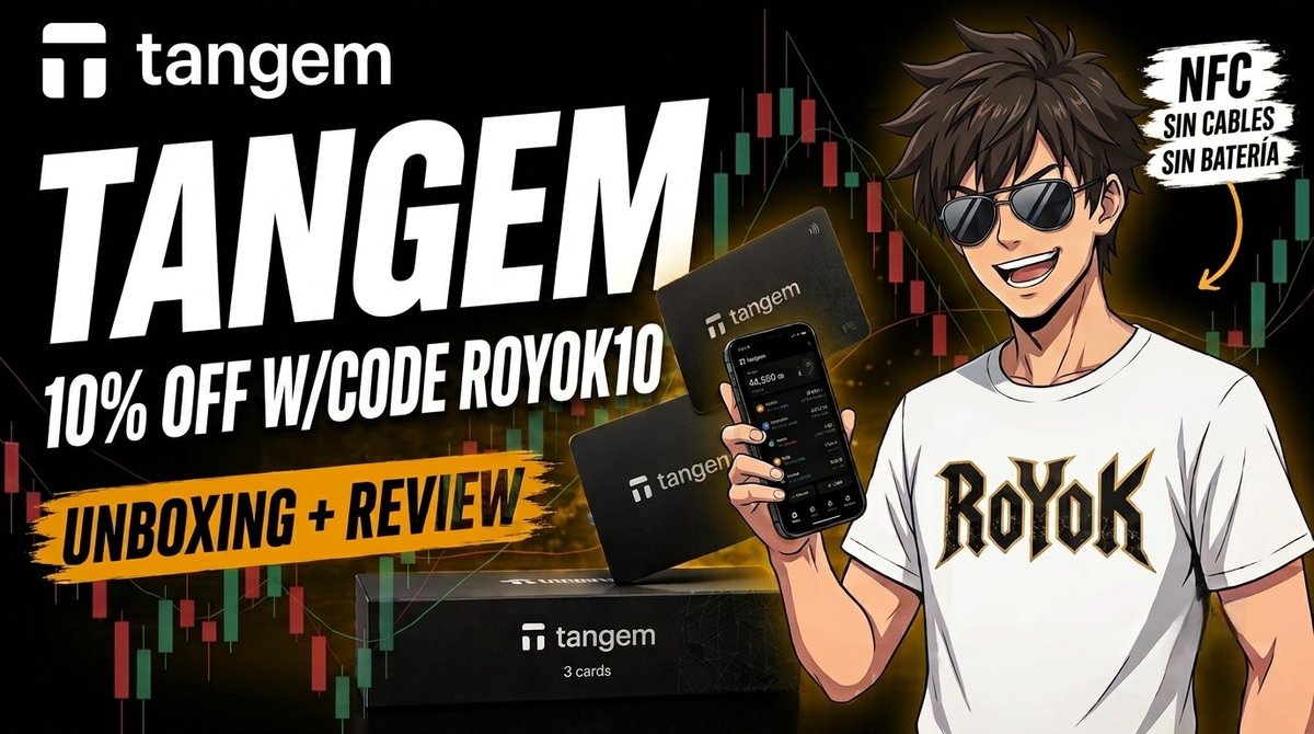 A YouTube thumbnail for a 'TANGEM UNBOXING + REVIEW' video by Royok, offering '10% OFF W/CODE ROYOK10' and featuring an anime-style character alongside the Tangem card product.