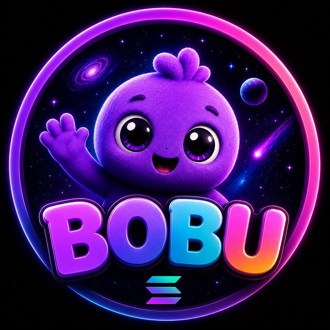A purple mascot character waves from a space-themed circular badge above the colorful gradient text 'BOBU' with a Solana logo beneath.