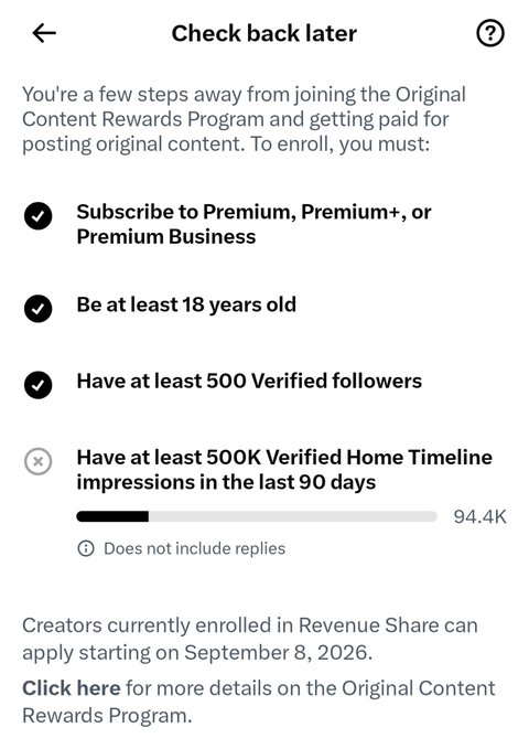 The image shows a "Check back later" screen for X's Original Content Rewards Program, displaying progress on eligibility requirements with three checkmarks completed (Premium subscription, 18+ age, 500+ verified followers) and the final requirement of "500K Verified Home Timeline impressions in the last 90 days" showing a progress bar at 94.4K. This directly supports the post, as the user is nearly 19% of the way toward their 500K impression goal, illustrating the considerable effort still required to qualify.