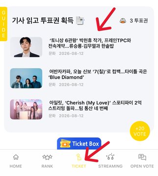 A mobile app screenshot of GUIDE, showing a voting section with "기사 읽고 투표권 획득" (Read articles to earn votes) highlighted by a red arrow pointing to a +20 vote ticker icon, alongside news articles about artists EUNNSE and ATEEZ featuring songs like "Cravity" and "Blue Diamond" dated 2026-08-12, demonstrating the new method of earning voting rights through reading articles.