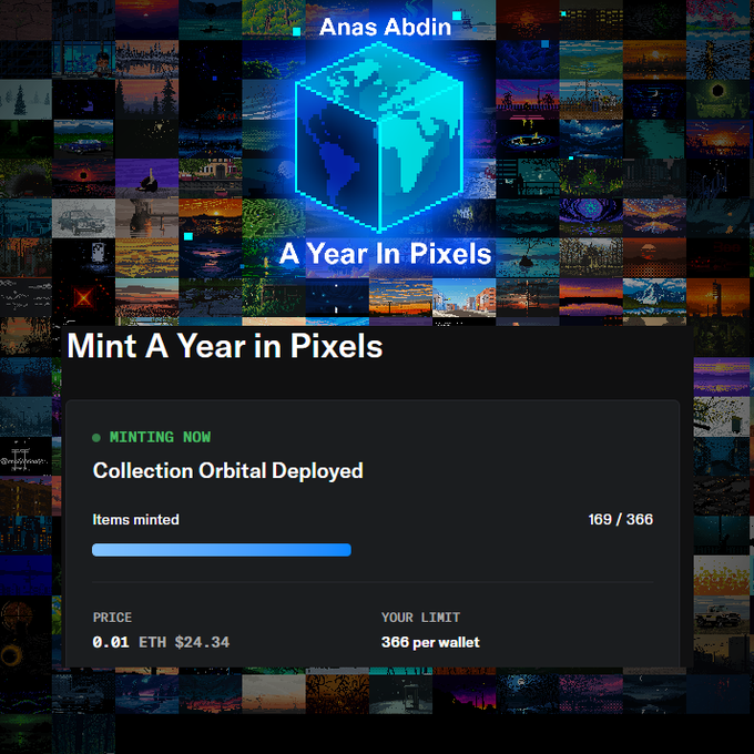 An NFT minting page titled 'Mint A Year in Pixels' by Anas Abdin showing 'Collection Orbital Deployed' with 169/366 items minted at 0.01 ETH ($24.34).