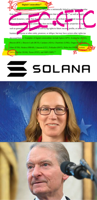 The image shows the SEC logo with text overlaid in pink reading "SEC vs CFTC," alongside the Solana logo and portraits of SEC and CFTC officials, illustrating the joint regulatory list of 16 cryptocurrencies including Solana (So11111111111111111111111111111111111111112), Ethereum, BTC, XRP, Dogecoin, Cardano, and others as noted in the post.