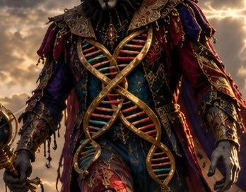 A dramatic AI-generated image of a figure in ornate, regal clothing featuring a prominent golden double-helix DNA structure on the chest.