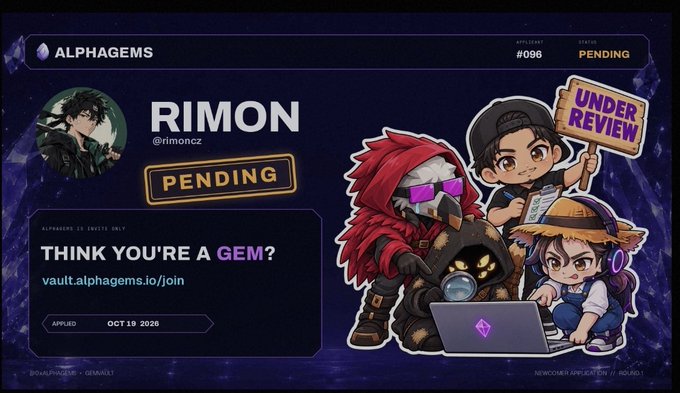 An Alphagems NFT review card for applicant #0096 'RIMON' (@rimoncz) showing a 'PENDING' status, applied on Oct 19 2026, with cartoon characters holding an 'UNDER REVIEW' sign.