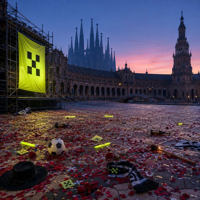 A deserted plaza at dawn scattered with rose petals, confetti, a soccer ball, an abandoned hat, and a black-and-yellow checkered scarf, with a massive yellow banner bearing four black squares hanging from scaffolding against the silhouette of a Gothic cathedral. The quiet aftermath visualizes the post's message: the revelry of the launch has faded, but Exchange OS's infrastructure—much like the monumental architecture standing firm behind the empty square—remains in place, quietly having processed hundreds of millions of on-chain transactions and signaling that the next application is already on the horizon.