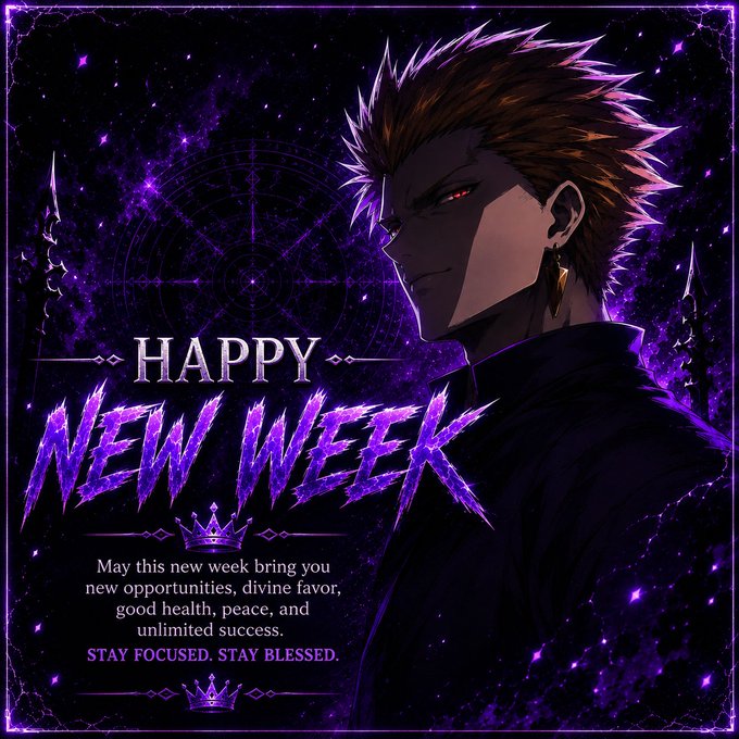An anime-style 'HAPPY NEW WEEK' graphic featuring a spiky-haired character with red eyes in dark clothing against a purple starry background, with text reading 'May this new week bring you new opportunities, divine favor, good health, peace, and unlimited success. STAY FOCUSED. STAY BLESSED.'