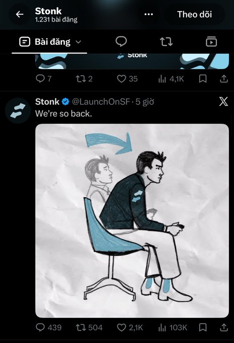 A Twitter/X post from Stonk (@LaunchOnSF) saying 'We're so back.' featuring a hand-drawn illustration of a person sitting in a chair with an arrow pointing to them.