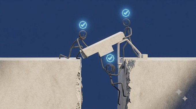A conceptual 3D illustration shows stick figures working together to bridge a gap between two cliffs, with glowing blue checkmark icons floating above their heads against a dark blue background.