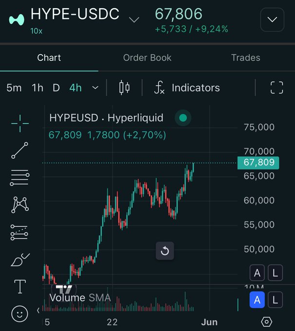 The image shows a stock chart that displays a fluctuating line graph of a stock's price over time. It appears to be used for trading purposes, as indicated by the text accompanying the image which states "HAPPY NEW HYPE ATH FOR THOSE CELEBRATING New day, new ATH." The user might be interested in tracking and analyzing the fluctuations in stock prices, making informed decisions about buying or selling shares.