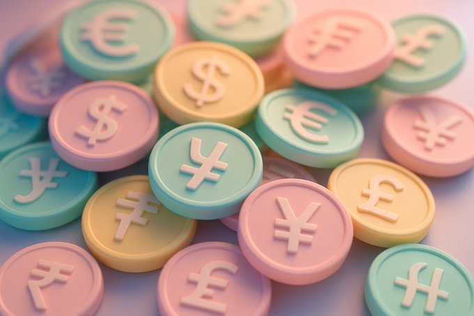 A pile of pastel-colored coins, each embossed with currency symbols like the dollar ($) and yen (¥), visually representing the growing diversity and strength of stablecoins on Solana's blockchain as its market cap reaches a new all-time high above $15 billion.