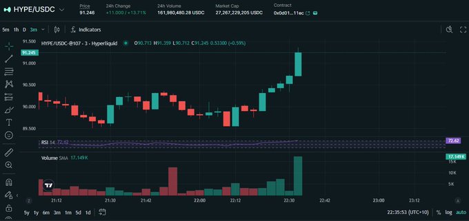 A TradingView candlestick chart showing HYPE/USDC at $91.246, up 13.71% with 24h volume of 161,980,480.23 USDC, displaying a strong upward trend with increasing volume.
