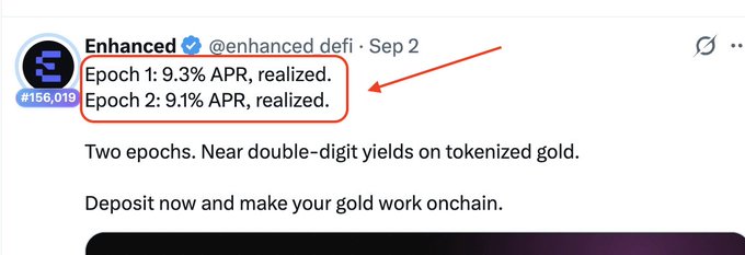 A tweet from Enhanced (@enhanced_defi) dated Sep 2 highlights realized APRs of 9.3% for Epoch 1 and 9.1% for Epoch 2 (circled in red), supporting the post's mention of strong historical yields from their tokenized gold deposit campaign.