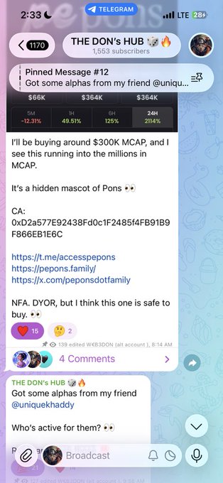 A Telegram post from "THE DON'S HUB" (1,553 subscribers) shows a pinned message #12 recommending $PEPONS with a contract address (0xD2a577E92438Fd0c1F24854fFB91B9F8B6EB1E6C), noting the user plans to buy around $300K MCAP and providing social links. The accompanying post celebrates $PEPONS performing 3x for the community and speculates about flipping $1M market cap, tying directly to the shared token recommendation in the screenshot.