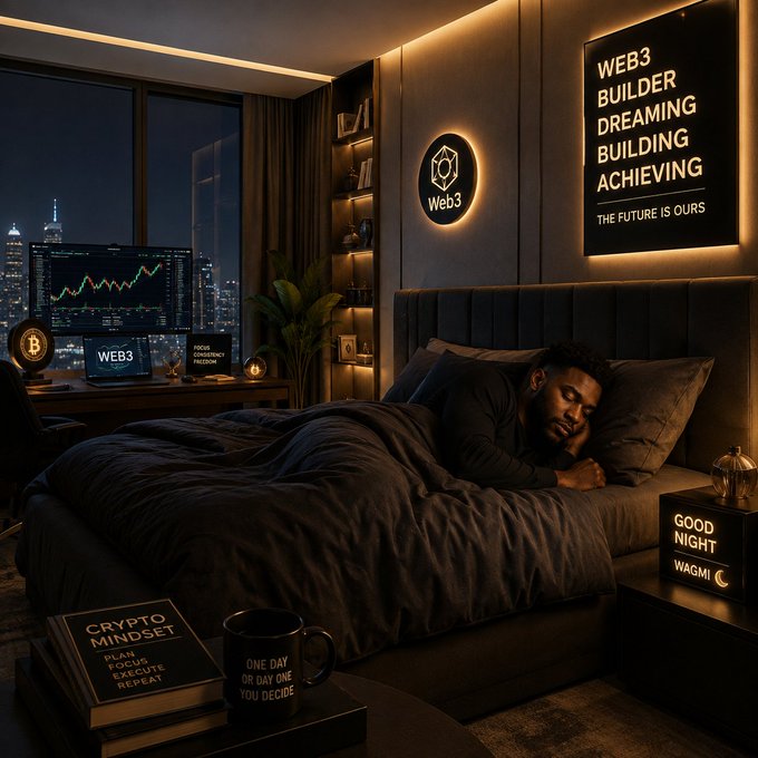 A man sleeps in a dark bedroom decorated with Web3 and crypto-themed neon signs reading 'WEB3 BUILDER DREAMING BUILDING ACHIEVING' and 'CRYPTO MINDSET'.