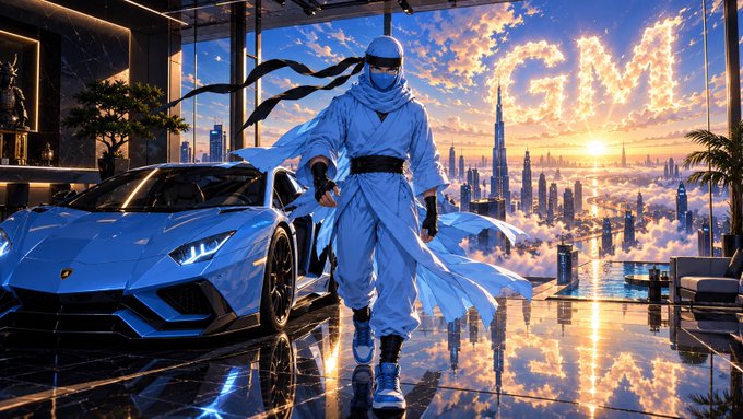 A stylized AI-generated image showing a masked ninja-like figure in white robes standing in front of a blue Lamborghini, with a futuristic city skyline and sunset in the background, featuring the text 'GMM' in the clouds.