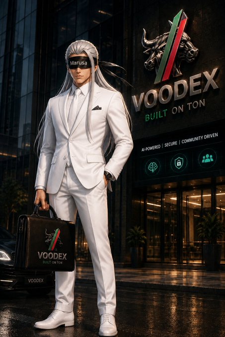 Promotional artwork for VOODEX ('Built on TON') featuring a white-haired anime-style character named Marusa in a white suit holding a briefcase with the VOODEX logo.