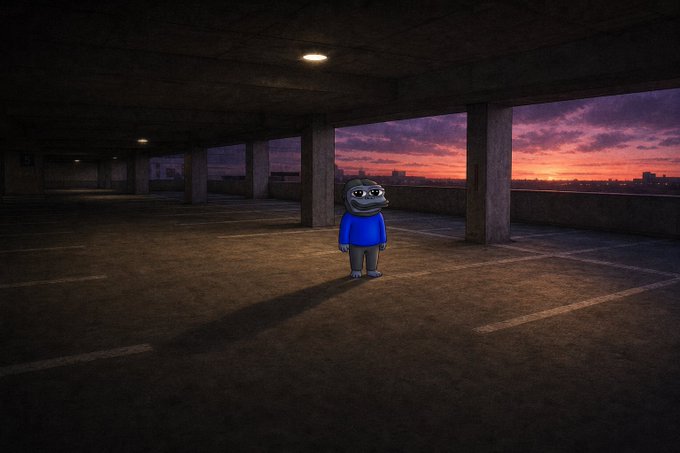 A cartoon seal character wearing a blue hoodie stands alone in an empty parking garage at sunset.
