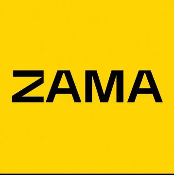 A solid yellow background with the black word 'ZAMA' centered.
