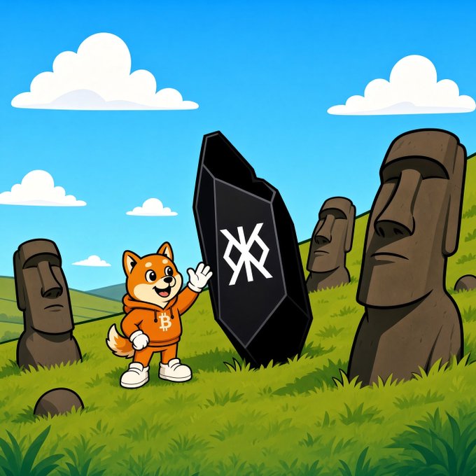 A cartoon illustration of a Shiba Inu dog wearing an orange Bitcoin hoodie standing next to a black monolith with a white symbol, surrounded by Moai statues.