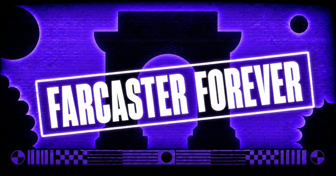 This image shows a neon purple outline of an archway with the text "FARCASTER FOREVER" stamped across it, likely related to the Farcaster platform mentioned in the post.