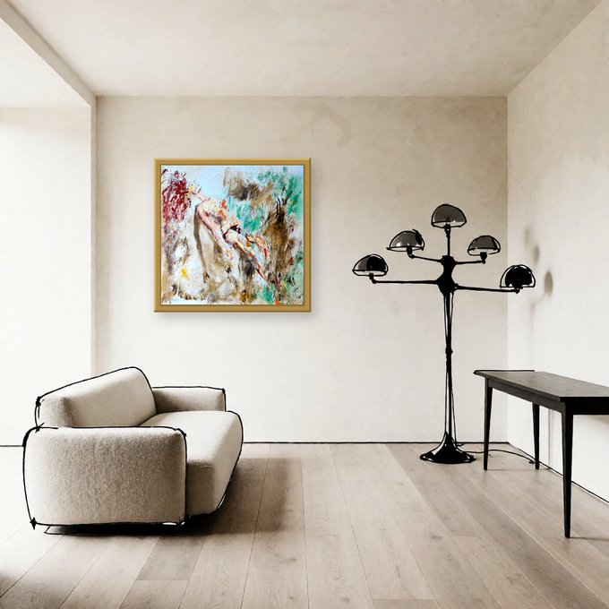 Interior design photo showing a minimalist living space with a cream armchair, abstract framed artwork, black multi-shade floor lamp, and a black console table.