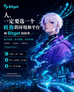 The image is a promotional advertisement for Bitget, featuring an anime-style character with white and purple hair set against a backdrop of crypto price charts and US stock market data. Key text includes "Bitget" branding, "#BitgetFanStory", "CRCL: 65 → 100", "BTC: 66,000 → 81,000", and "CL: 3个月 8倍", promoting the platform's crypto trading gains. The accompanying post aligns with the ad by sharing the author's positive experience discovering Bitget as their trading platform, emphasizing the importance of finding an environment that supports growth.