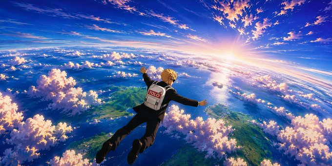 An anime-style illustration shows a character with a parachute falling through a sky filled with pink clouds, with islands and the sun visible below.