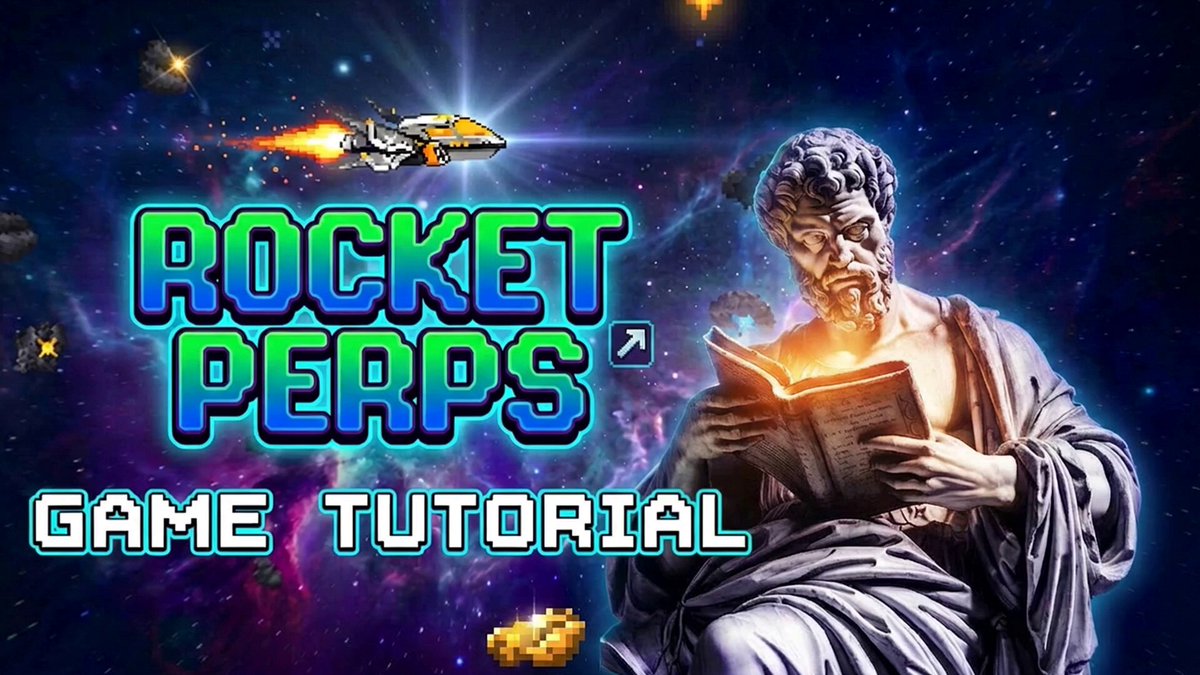 The image features a man sitting down with an open book in front of him. The background shows a space scene with stars and planets, giving the impression that he's in outer space or aboard a rocket ship. The caption reads "Rocket Perps Game Tutorial", indicating this is a tutorial video about the game Rocket Perps.