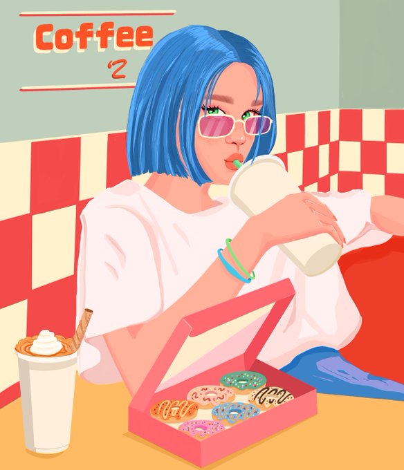 Illustration of a girl with blue hair and sunglasses drinking from a cup in a diner booth, with a box of donuts and the text 'Coffee' on the wall.