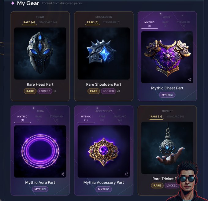 The image shows a page of a marketplace for gear, showcasing various items such as armor, weapons, and accessories. A man wearing glasses can be seen sitting next to the gear listing, likely browsing or considering making a purchase. The website displays the gear in purple shades with an airy feel, creating a visually appealing presentation for customers interested in the gear offerings.