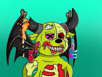 A digital illustration depicts a green, zombie-like creature with black wings, X-shaped eyes, and a rainbow-colored horn against a teal background.